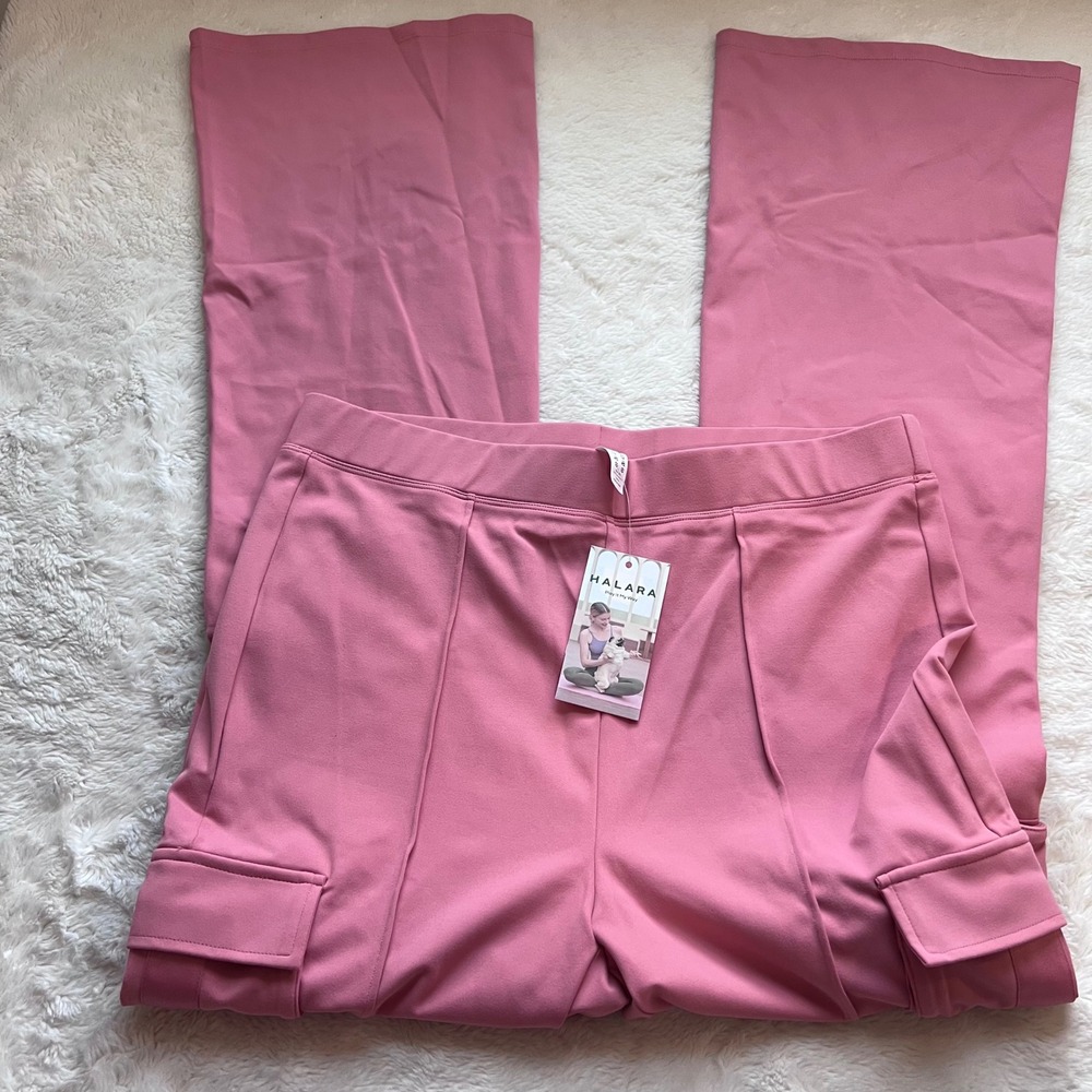 Halara Pink High Waisted Cargo Flare Pants XL Petite Pintuck Seam Wide Leg NEW